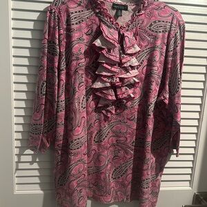 LRL Ralph Lauren Jeans Co Pink Pastel Ruffles Neck and Front Blouse 100% cotton.